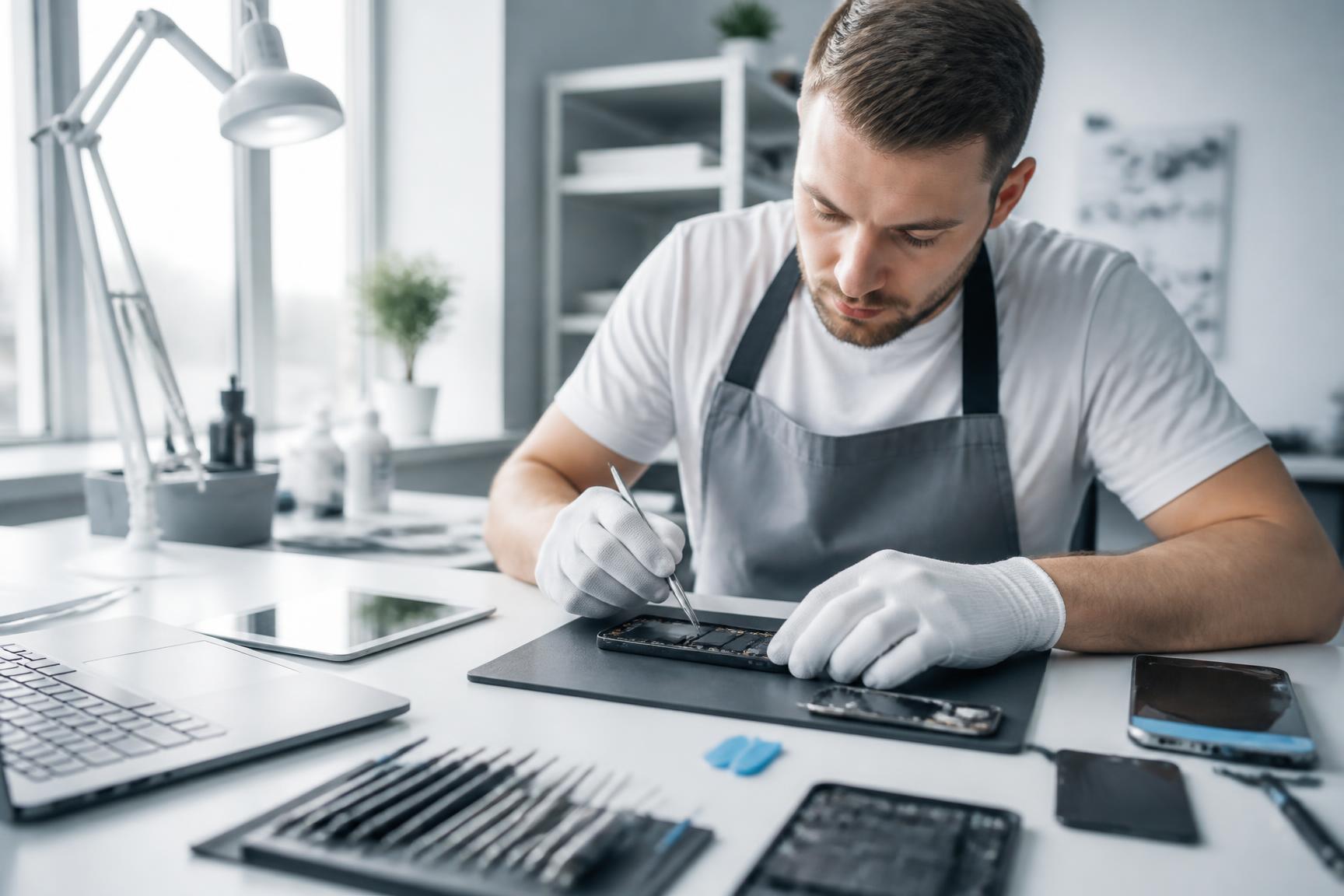 Technically using precision tweezers on an open smartphone board in a bright modern repair workshop
